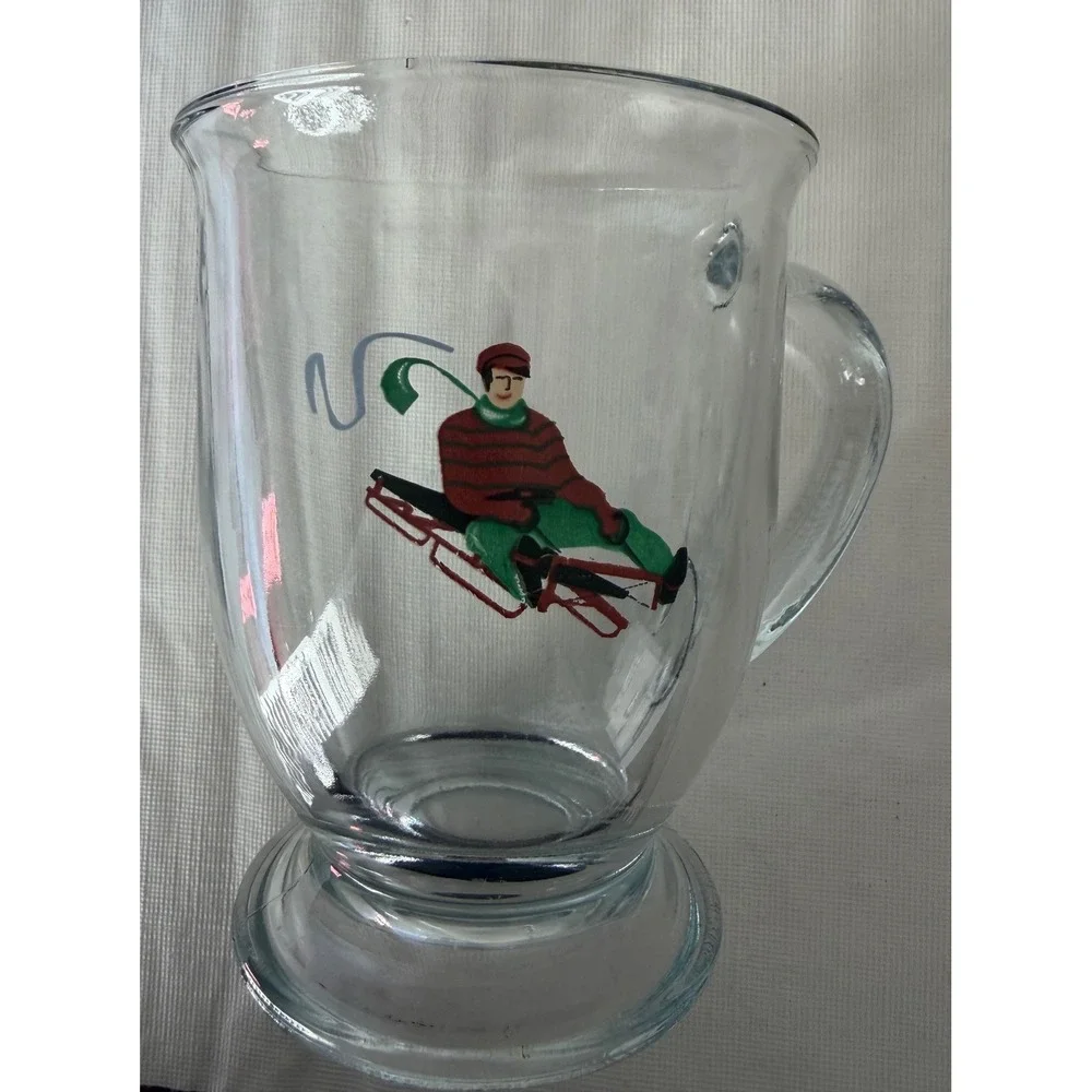 Vintage 3 Glass Footed Mugs Winter Ski Snowboard Sled Dancers‎ Williams Sonoma